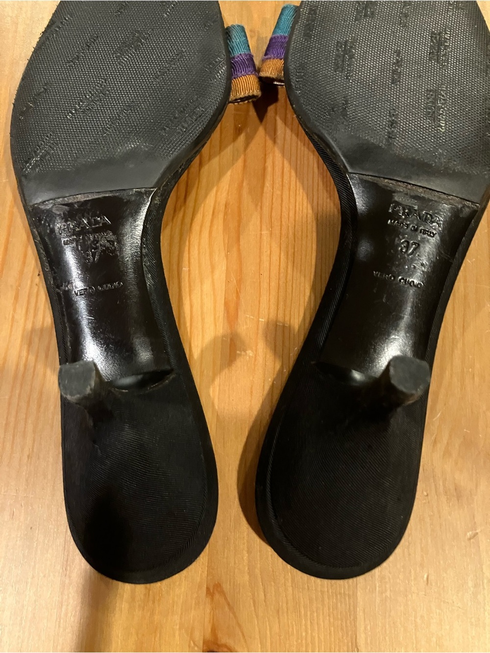 EUC Prada Vero Cuoio Leather Slide Sandals with Teal, Purple & Gold Trim Size 37 - Picture 8 of 10